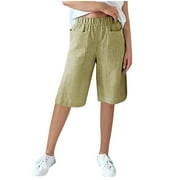 Women's Cotton Linen Wide Leg Short Pants Striped Stretch Elastic Waist Casual Palazzo Shorts Beach Pants with Pockets